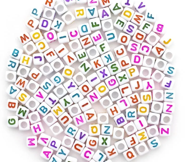 Alphabet Beads Transparent Multicolor with White Letters, 8mm Cube, 160 count.