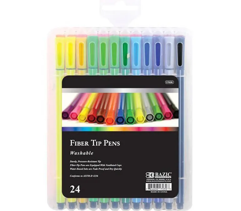 Bazic Fiber Tip Pen Set – Washable – 24 Piece