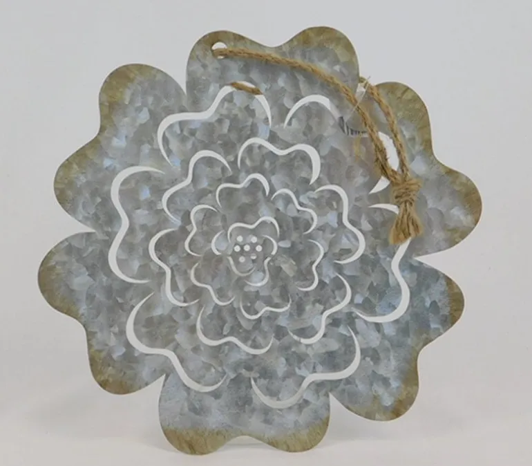 Brushed Silver Metal Flower with Rust Finish & Jute Hanger – SPC Wall Décor