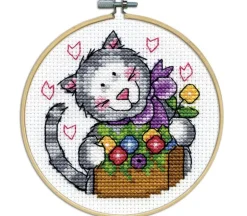 Cat and Flowers Cross Stitch Kit with 4-inch Hoop