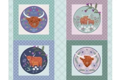 Celtic Summer Highland Cows and Meadow on Heather Purple