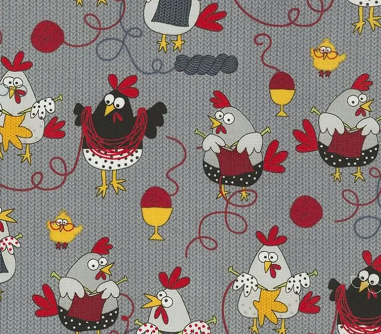 Chickens Knitting Allover On Grey
