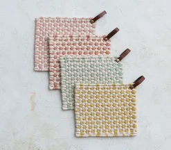 Creative Co-op Crochet Pot Holder with Leather Loop – 1 Holder