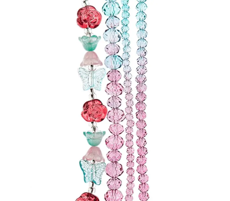 Crystal Lane DIY Flower 7-inch Bead Mix Bead Strands Teal to Pink Ombre Faceted Rondelle Roses and BellFlowers