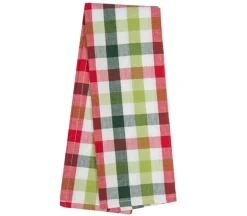 Dunroven House Red Lime Green on White Large Check Tea Towel