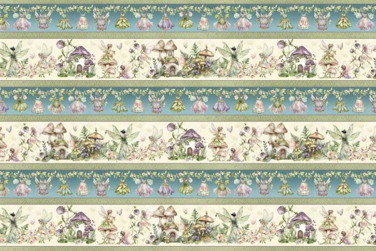Fairy Boutique Fairies and Mushroom Houses Repeat Stripe