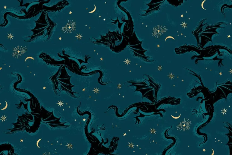 Fireglow Etched Dragons in Mint with Gold Highlights