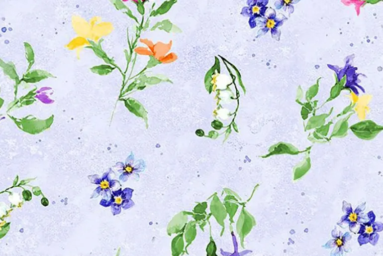 Floral Flutter Green and Purple Splatter on White