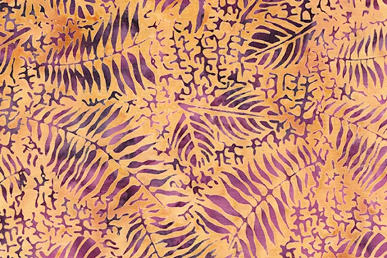 Geode Glow Batik Fossil Fern in Mottled Burgandy and Golden Yellow.