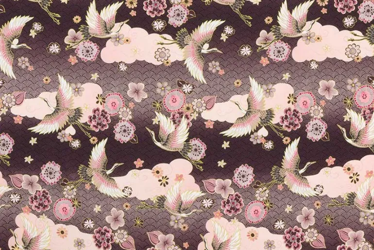 Graceful Cranes on Plum with Gold Metallic Highlights