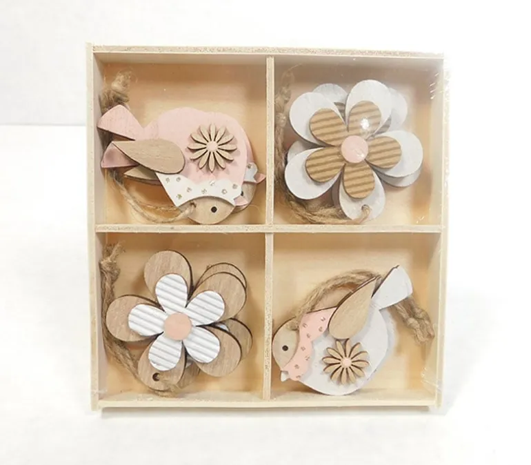 Hanging Flower and Bird Wooden Figures – 8 Piece