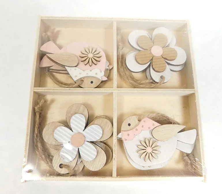 Hanging Flower and Bird Wooden Figures – 8 Piece