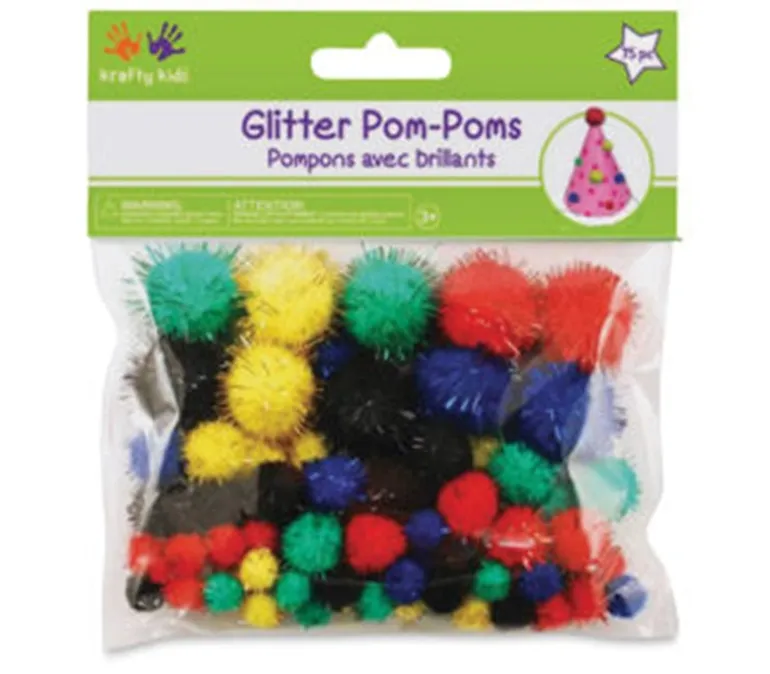 Krafty Kids Pom-Poms – Primary Glitter – 75 Piece