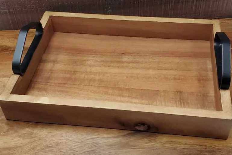 Large Natural Wood Tray with Black Metal Handles – 12″ x 8.25″ x 3″