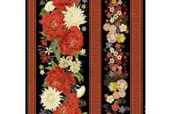 Lotus Garden Floral Border Stripe on Black w/Gold Metallic