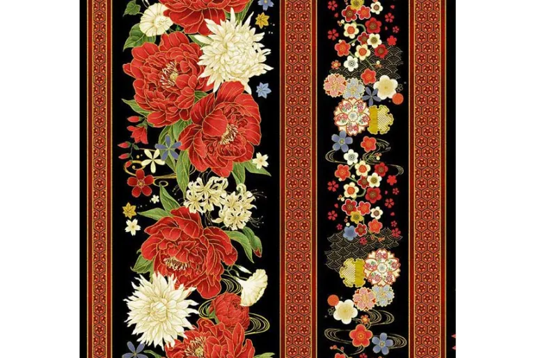 Lotus Garden Floral Border Stripe on Black w/Gold Metallic