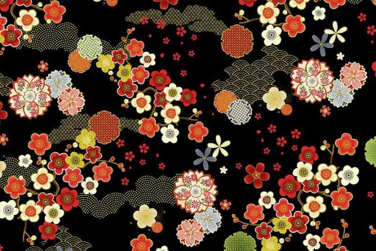 Lotus Garden Geo Asian Florals on Black w/Gold Metallic