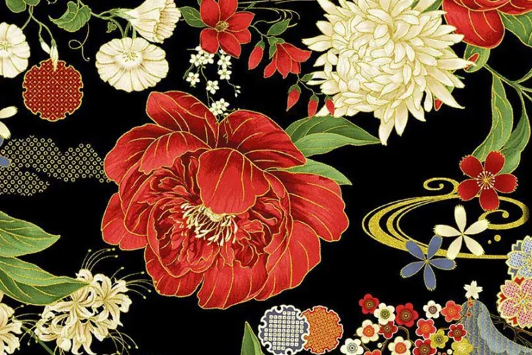 Lotus Garden Large Floral on Black w/Gold Metallic