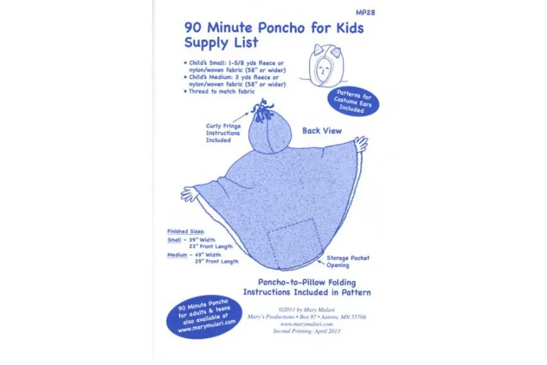 Mary Mulari 90 Minute Fleece Poncho for Kids Sewing Pattern