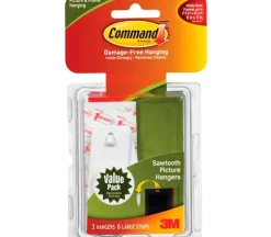 3M Command Sawtooth Picture Hangers – Large – 3 Hangers/6 Strips