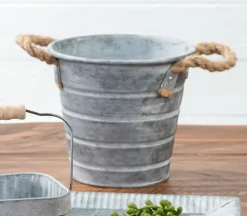 Metal Bucket with Horizontal Line Design
