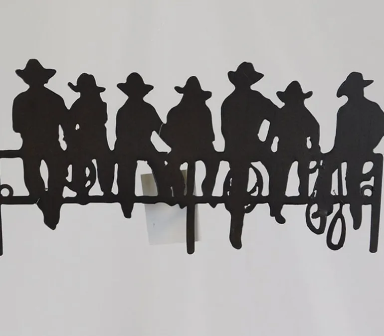 Metal Cowboys on a Fence – 12-inch x 6-inch