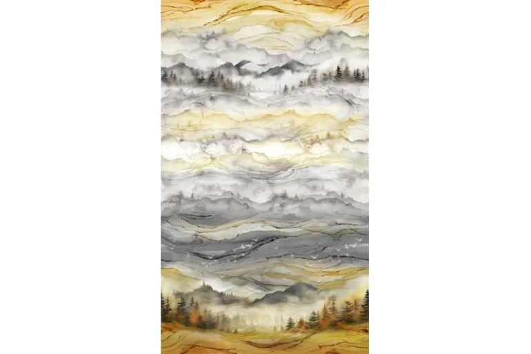Misty Morning Lake and Mountains Fabric Panel 36-in by 43-in