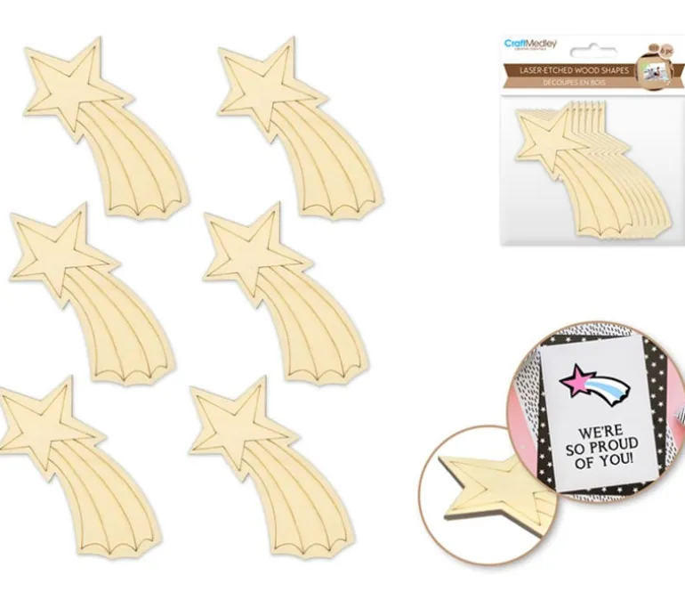 MultiCraft Laser Etched Wood Shapes – Shooting Star 6 Piece