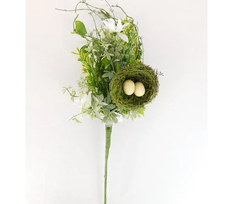 24″ Nest with Eggs & Daisy Pick, White