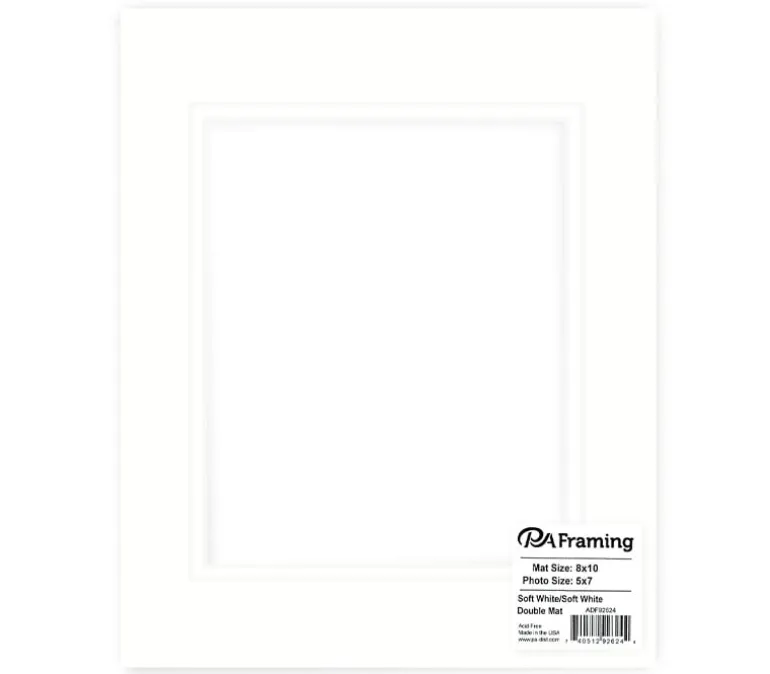 PA Framing Mat Board – Double 8-inch x 10-inch/5-inch x 7-inch – White Core Soft White/Soft White