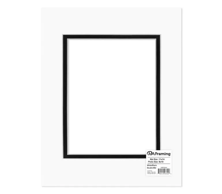 PA Framing Mat Board – Double 11-inch x 14-inch/8-inch x 10-inch – White Core White/Black