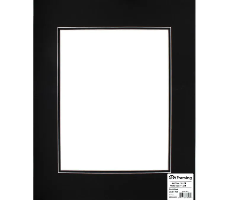 PA Framing Mat Board – Double 16-inch x 20-inch/11-inch x 14-inch – White Core Black/Black