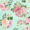 Peony Blossoms Tossed Small Flowers on Teal