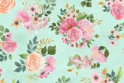 Peony Blossoms Tossed Small Flowers on Teal