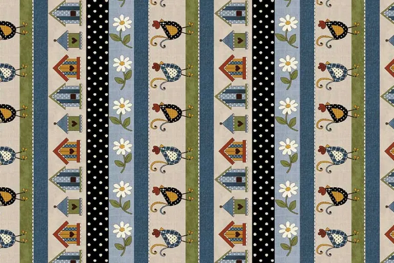 Prairie Chicks Hen and Birdhouse Stripe Blue/Multi