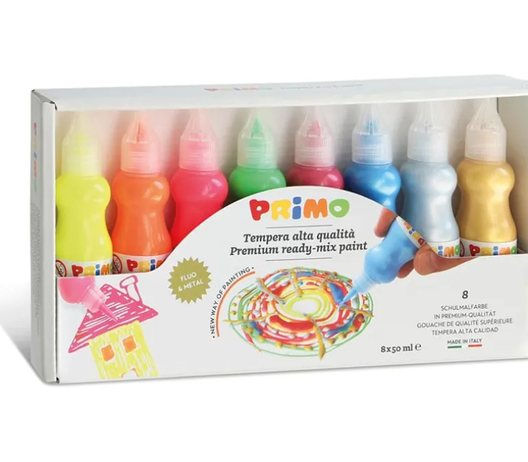 Primo Tempera Paint bottle Set – 8 Color Metallic and Fluorescent