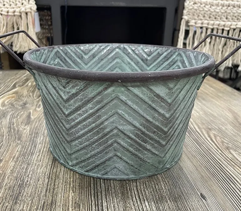 Round Metal Bucket with Green Patina