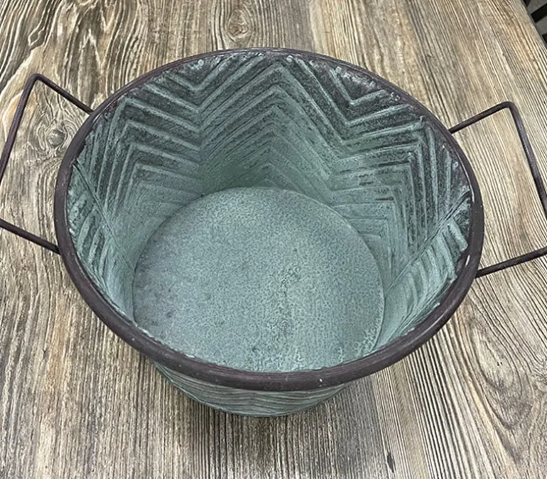 Round Metal Bucket with Green Patina
