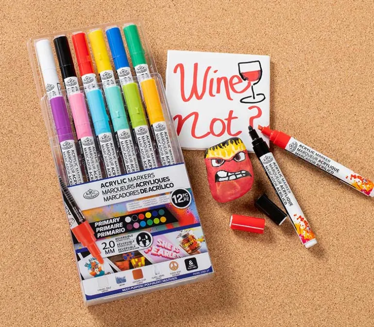 Royal Acrylic Marker Set – 2mm Reversible Tip, 12-Piece Primary Colors
