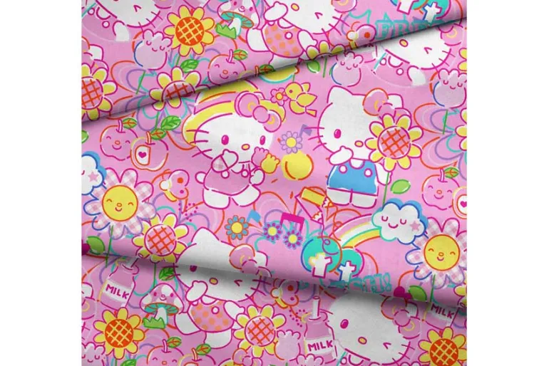 Sanrio Hello Kitty Garden Doodles on Pink Fabric