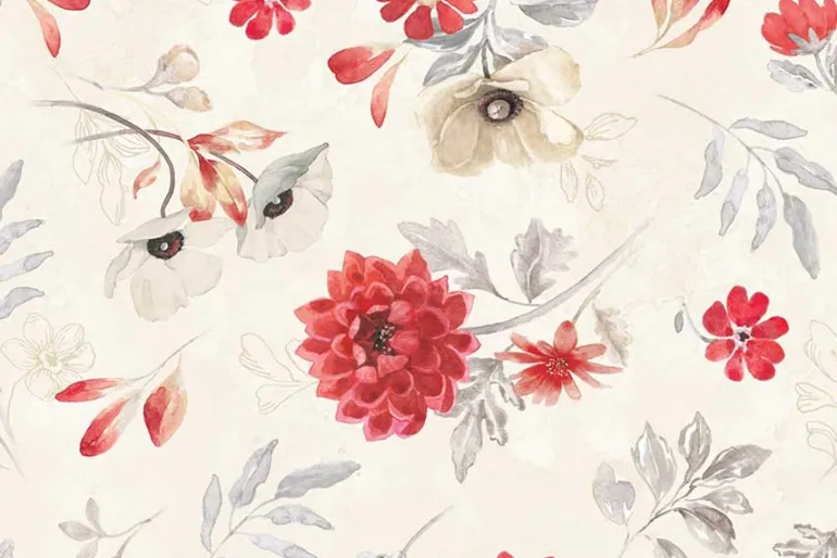 Scarlet Dreams Floral Packed Floral in Red, Gray and White