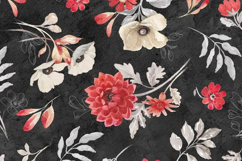 Scarlet Dreams Floral Packed Floral in Red, Gray and White