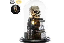 12.4″ Spooky Skull On Books with Batt. Op Candles in Cloche
