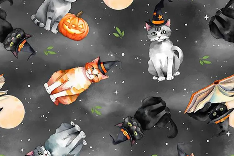 Spooky Tails Bat Silhouettes and Moons on Orange