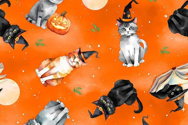 Spooky Tails Bat Silhouettes and Moons on Orange
