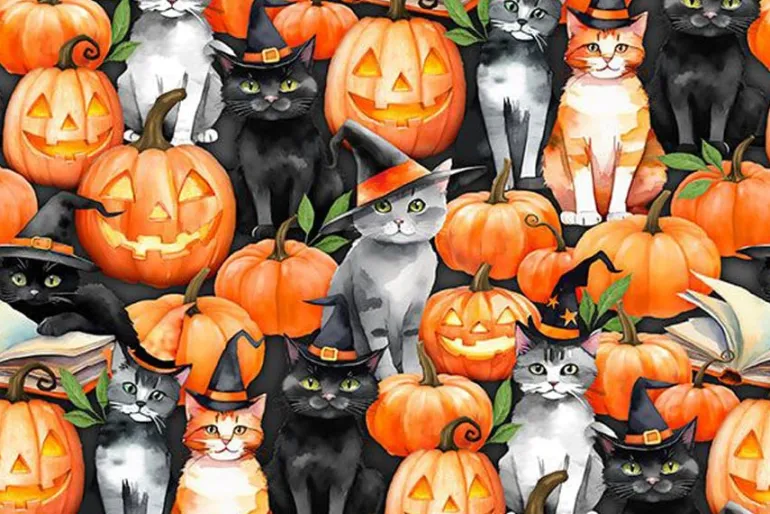 Spooky Tails Cats tossed on Black