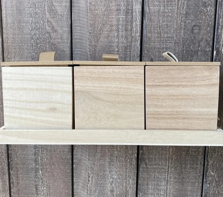3 Square Natural Wood Containers with Lids on Wood Tray