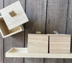 3 Square Natural Wood Containers with Lids on Wood Tray