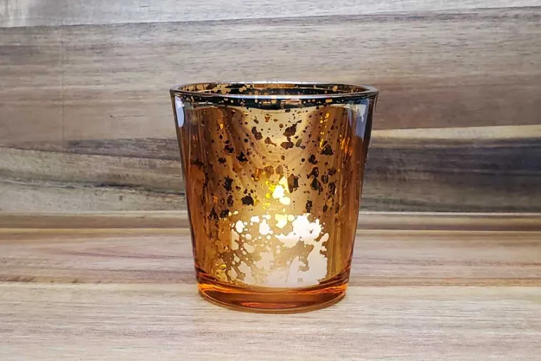Square Ribbed Mercury-Style Glass Candle Holder – Amber