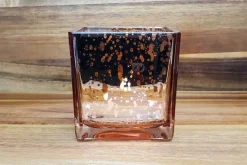 Square Ribbed Mercury-Style Glass Candle Holder – Amber